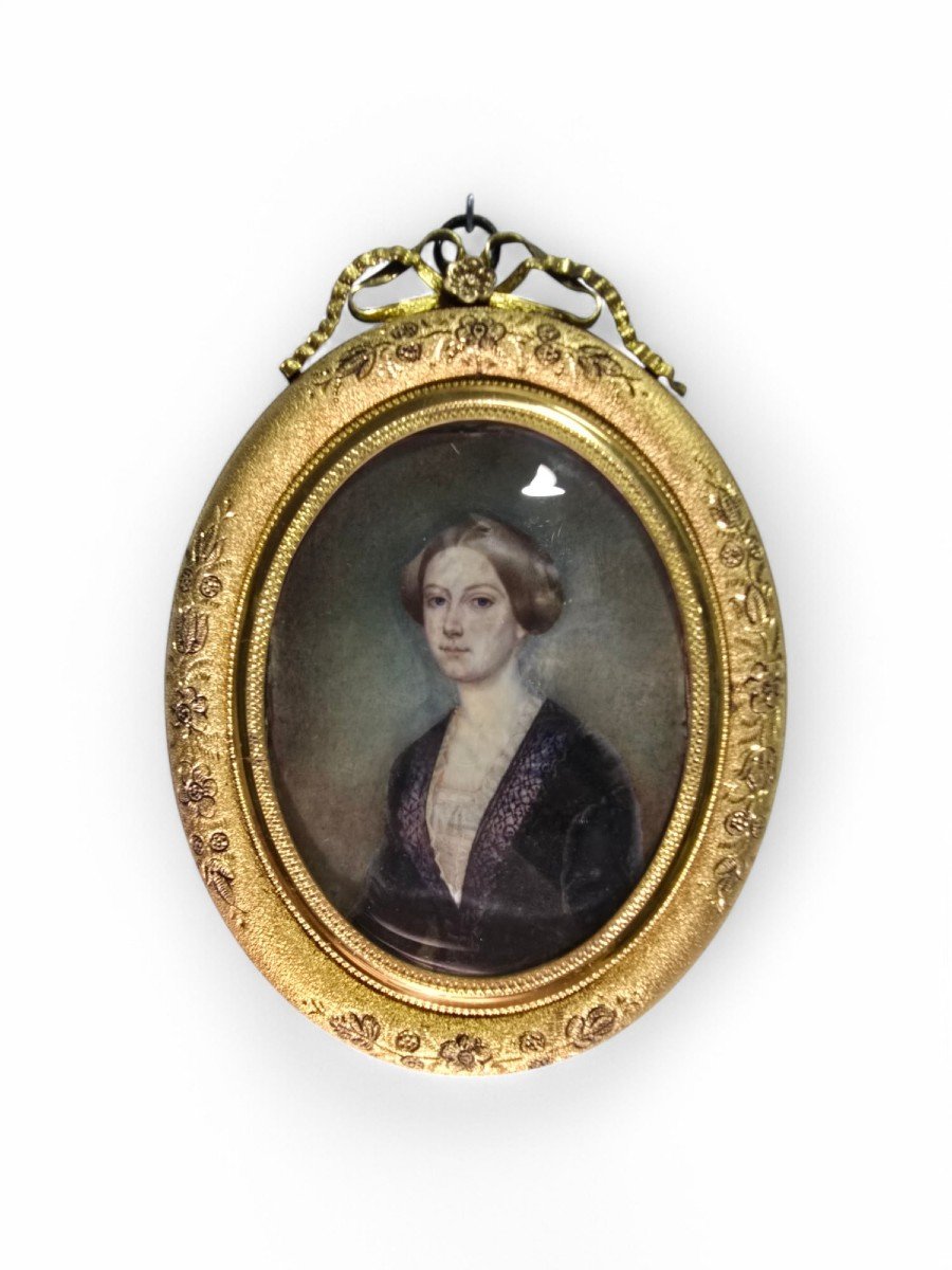 Peinture à l'Huile Miniature Du XIXe Siècle – Portrait d'Une Dame-photo-8