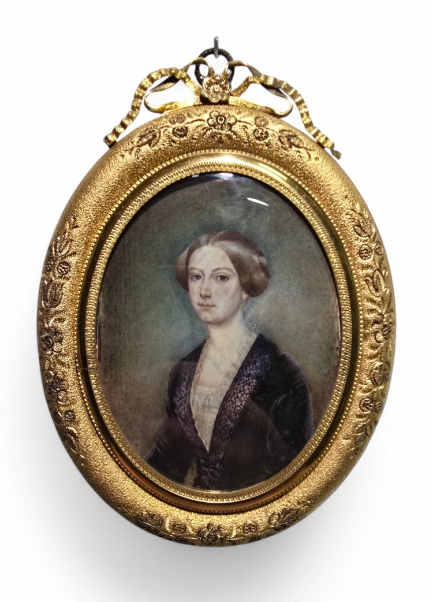 Peinture à l'Huile Miniature Du XIXe Siècle – Portrait d'Une Dame