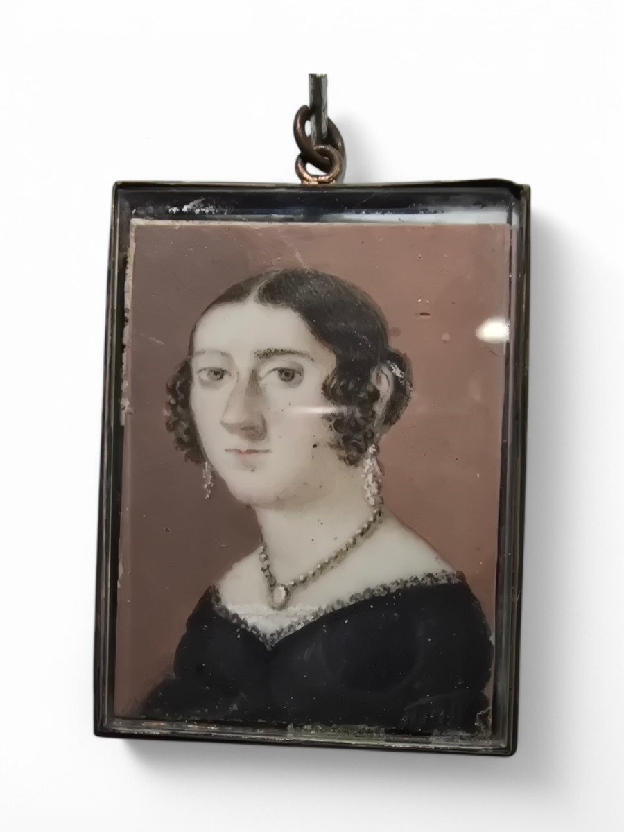 Portrait Miniature à l'Huile d'Une Dame Espagnole Du XIXe Siècle-photo-3