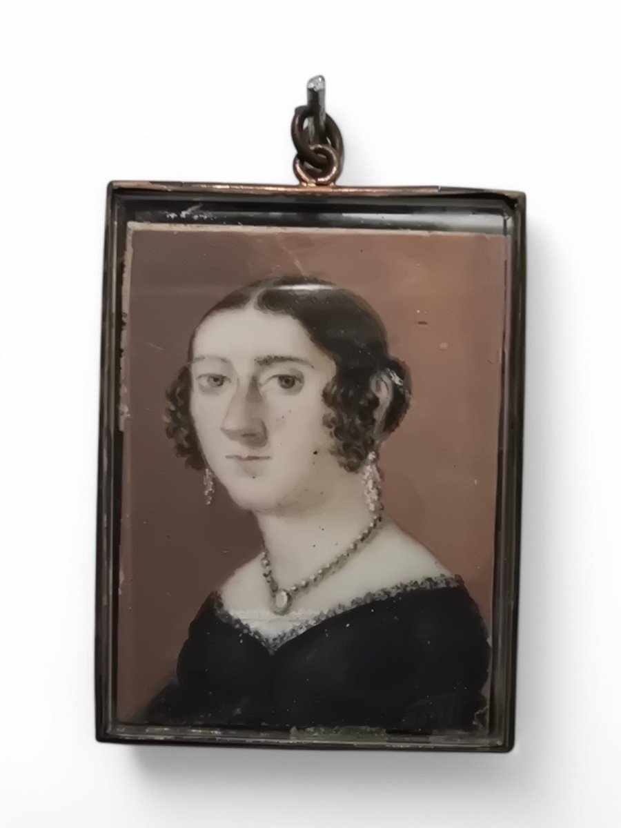 Portrait Miniature à l'Huile d'Une Dame Espagnole Du XIXe Siècle