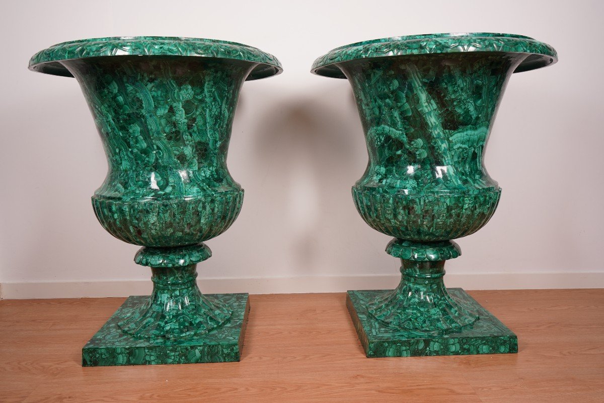 Pair Of 20th Century Malachite Vases – 100 Cm-photo-2