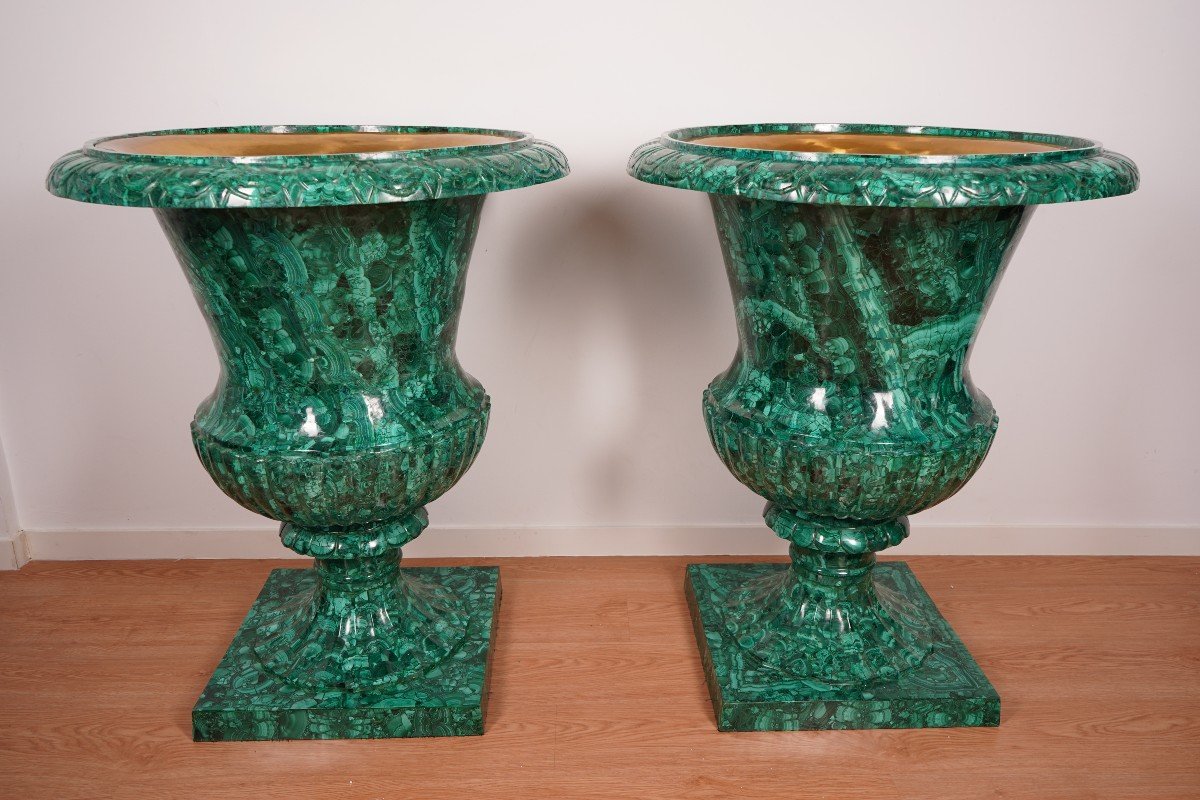 Pair Of 20th Century Malachite Vases – 100 Cm-photo-3