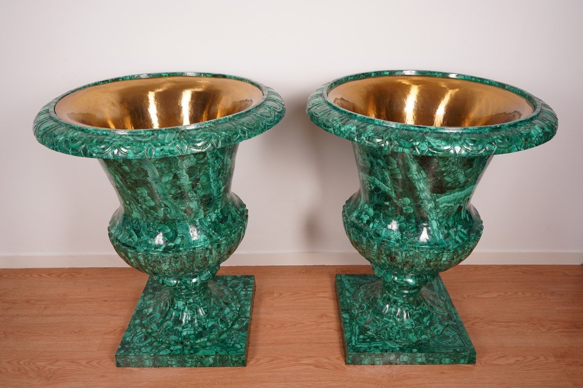 Pair Of 20th Century Malachite Vases – 100 Cm-photo-4