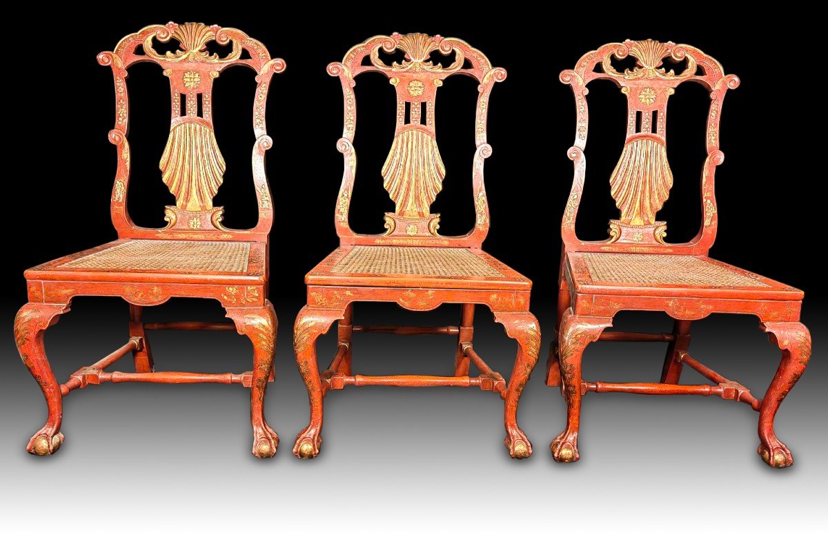 Six Seats Of Georges II Red And Golden Japanese Side Chairs