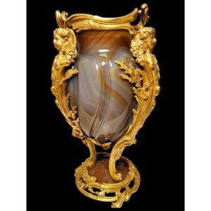 Exceptional French Vase In Gilt Bronze And Agathe