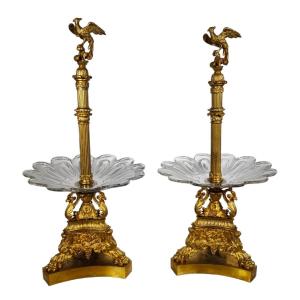 Charles X, Pair Of Fruit Risers In Bronze And Crystal