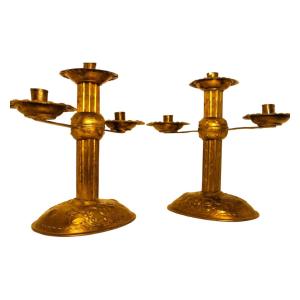 An Elegant Pair Of 19th Century Gilt Copper Candlesticks