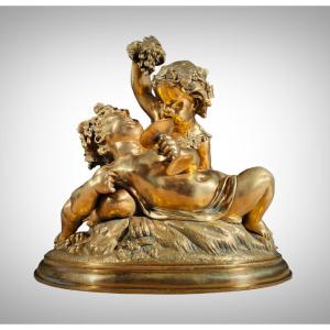 Sculpture En Bronze Doré Du XIXe Siècle : Allégorie De La Vendange Avec Deux Enfants