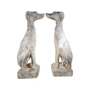 Charming Couple Of Italian Greyhounds: Decorative Statuettes In Carved Solid Wood