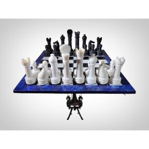 Italian Chess Table From The 1950s - Lapis Lazuli, Marble And Cast Iron In The Shape Of Dragons -