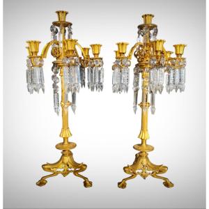 19th Century Bronze And Crystal Candlesticks: Golden Elegance And Cut Crystals