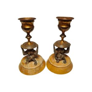 Pair Of Mini-candlesticks In The Shape Of Monkeys From The 19th Century