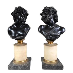 Pair Of Antique Italian Bronze Busts: Dionysus And Ariadne, 19th Century