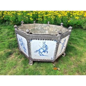 Rare 17th Century Delftware Flowerpot With Hexagonal Pewter Frame