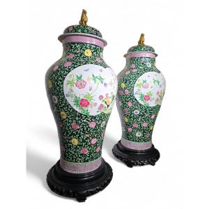 Pair Of Monumental 19th Century Famille Verte Samson Porcelain Vases – 190cm High