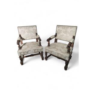 Pair Of 19th Century Walnut Armchairs With Silk Damask Upholstery