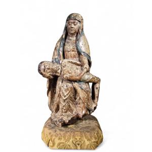 Sculpture Rare De La Pietà En Bois Polychrome Française Du XVIe Siècle