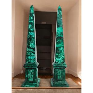 Pair Of Malachite Obelisks, Mid 20th Century