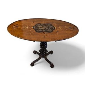 Elegant 19th Century Table In English Marquetry And Exotic Woods