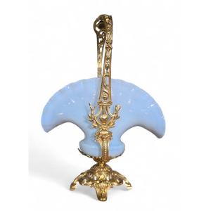 19th Century French Napoleon III Gilt Bronze And Opaline Glass Centerpiece