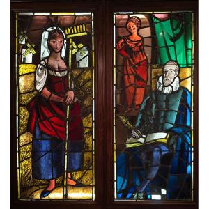 Pair Of 19th Century Stained Glass Windows Depicting Don Quixote