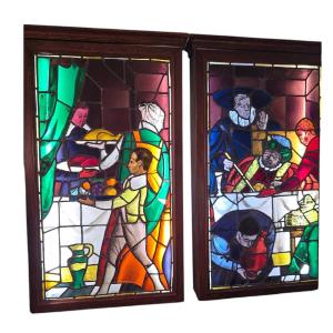 Pair Of 19th Century Stained Glass Windows Depicting Don Quixote