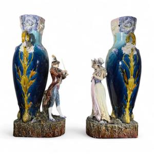 Pair Of Art Nouveau Vases In Glazed Ceramic