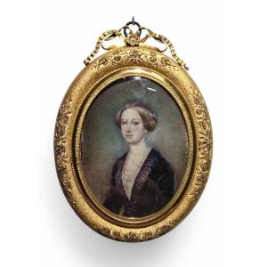 Peinture à l'Huile Miniature Du XIXe Siècle – Portrait d'Une Dame