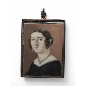 Portrait Miniature à l'Huile d'Une Dame Espagnole Du XIXe Siècle