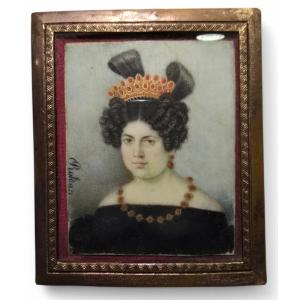 Portrait Miniature d'Une Aristocratie Espagnole Du XIXe Siècle – Signé Roldán