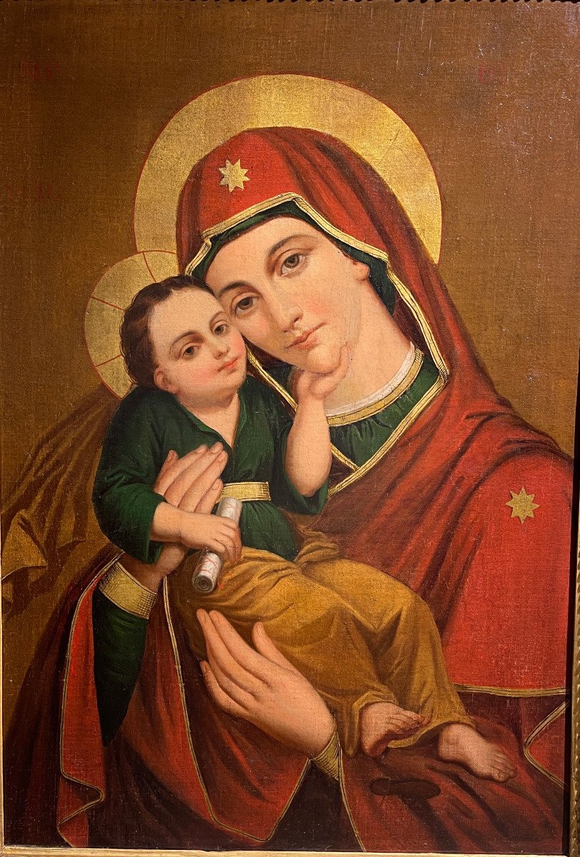 Huile Sur Toile, « La Vierge à l'Enfant » 1850, Europe De l'Est-photo-3