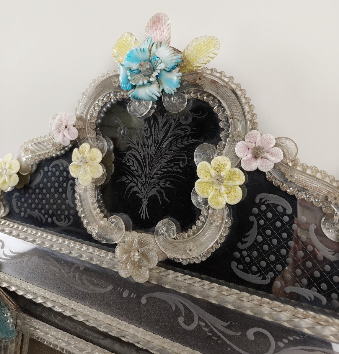 Miroir En Verre De Murano Avec Motifs Floraux, Italie, Vers 1950-photo-4