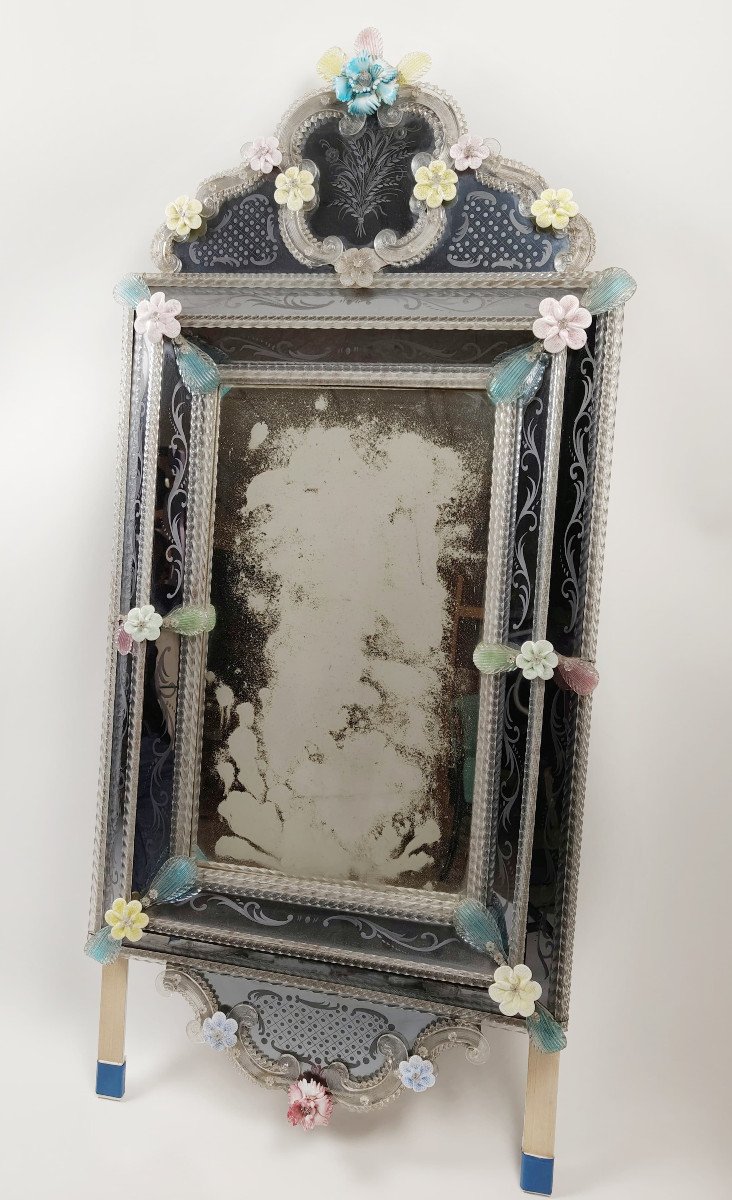 Miroir En Verre De Murano Avec Motifs Floraux, Italie, Vers 1950