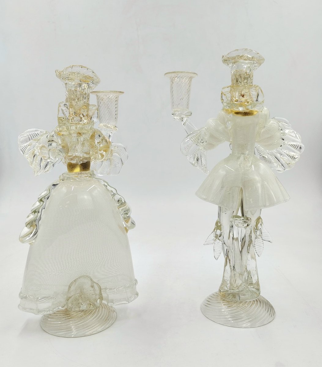 Paire De Bougeoirs En Verre De Murano, Figurines Goldoni, Italie, Années 1980-photo-4