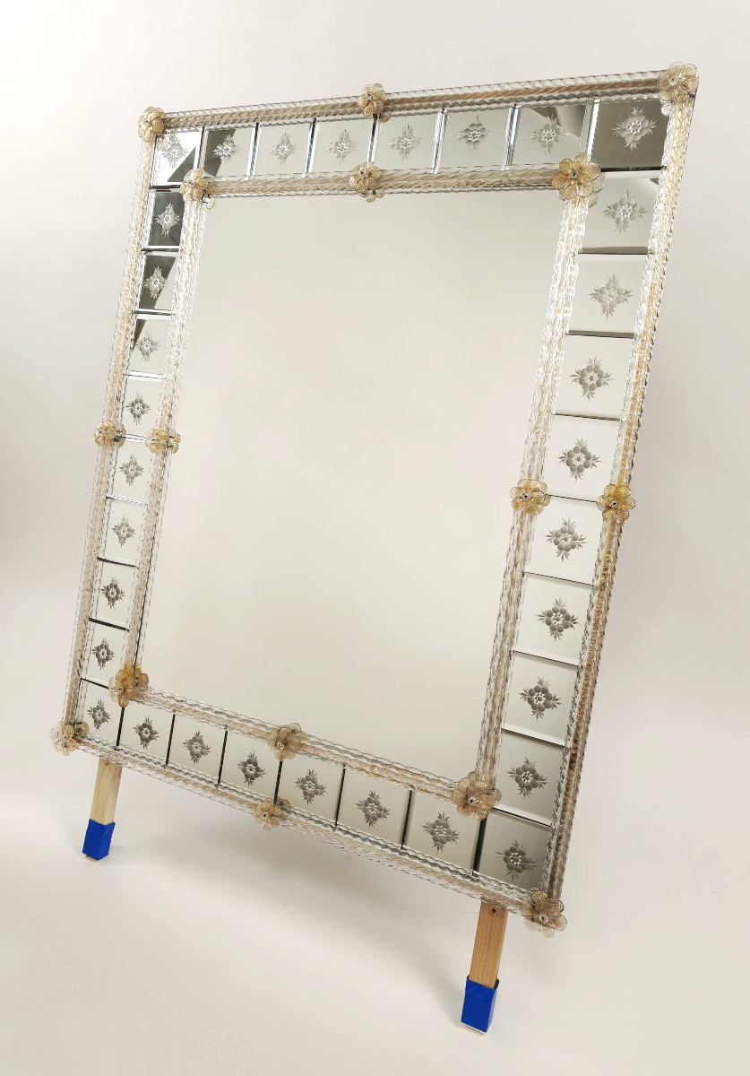 Rectangular Murano Glass Mirror With Gold Leaf, Italy, C. 1950s.