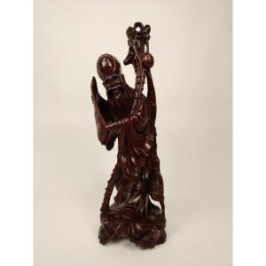 Sculpture En Bois De Teck Représentant Une Sauge - Vers 1890, Chine