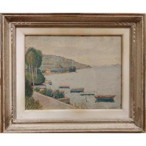 Oil On Panel Painting, “view Of Pai, Lake Garda,” By Guido Farina, 1947 Italy