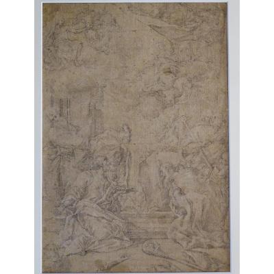 Pencil On Paper Attributed To Sebastiano Ricci - Assumption And Coronation Of The Virgin