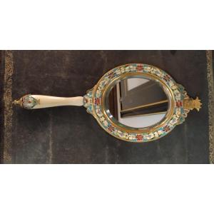 Maison Alph Giroux  petit Miroir à Main En Cloisonné Signé avec sa boite d'époque