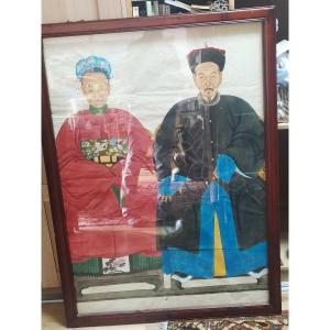 Large Portrait Of Ancestors China 20th Century Painting On Paper 