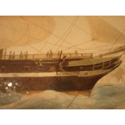 Stamp Color 1840 "steam Ship" President "mahogany Frame