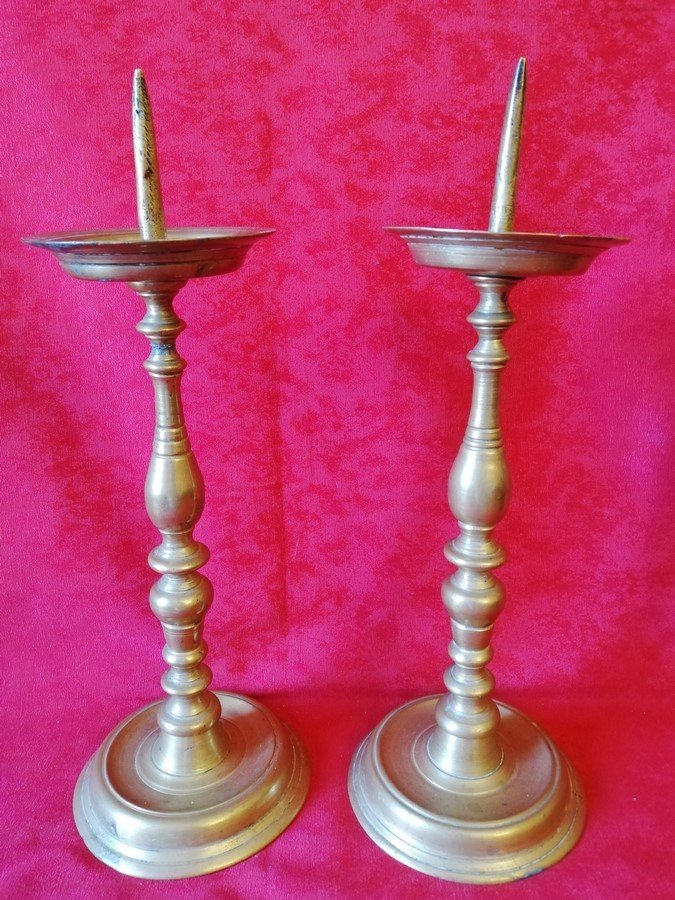 Large Pair Of 17th Century Bronze Candle Sticks 