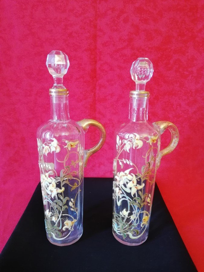 Pair Of Large Enameled Carafes   