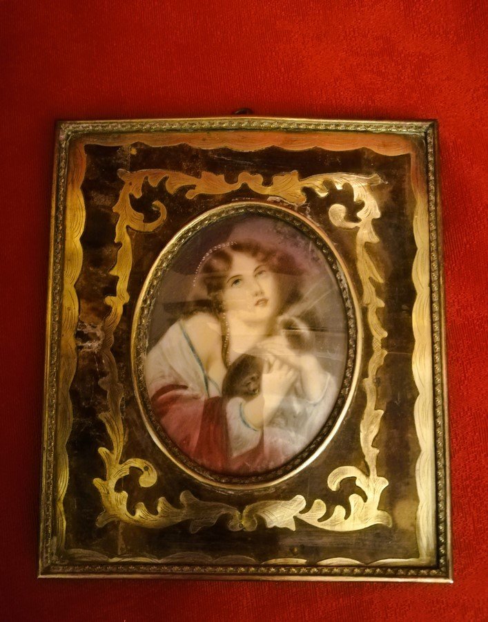 Set Of Three Framed Miniatures On Ivory-photo-2