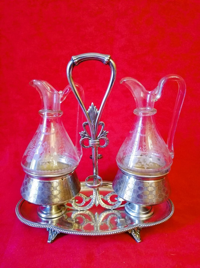 Oil Cruet, Vinegar Cruet, Silver Support  