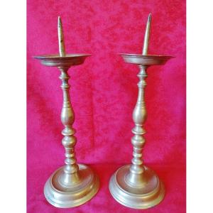 Large Pair Of 17th Century Bronze Candle Sticks 