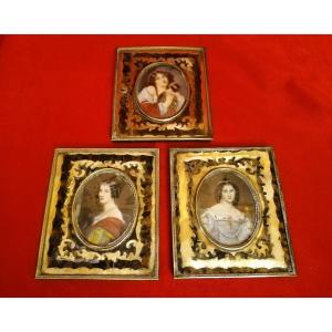 Set Of Three Framed Miniatures On Ivory