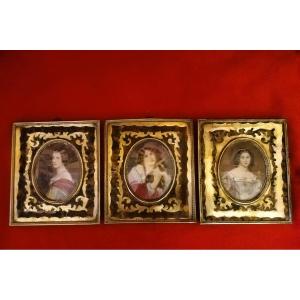 Set Of Three Framed Miniatures On Ivory