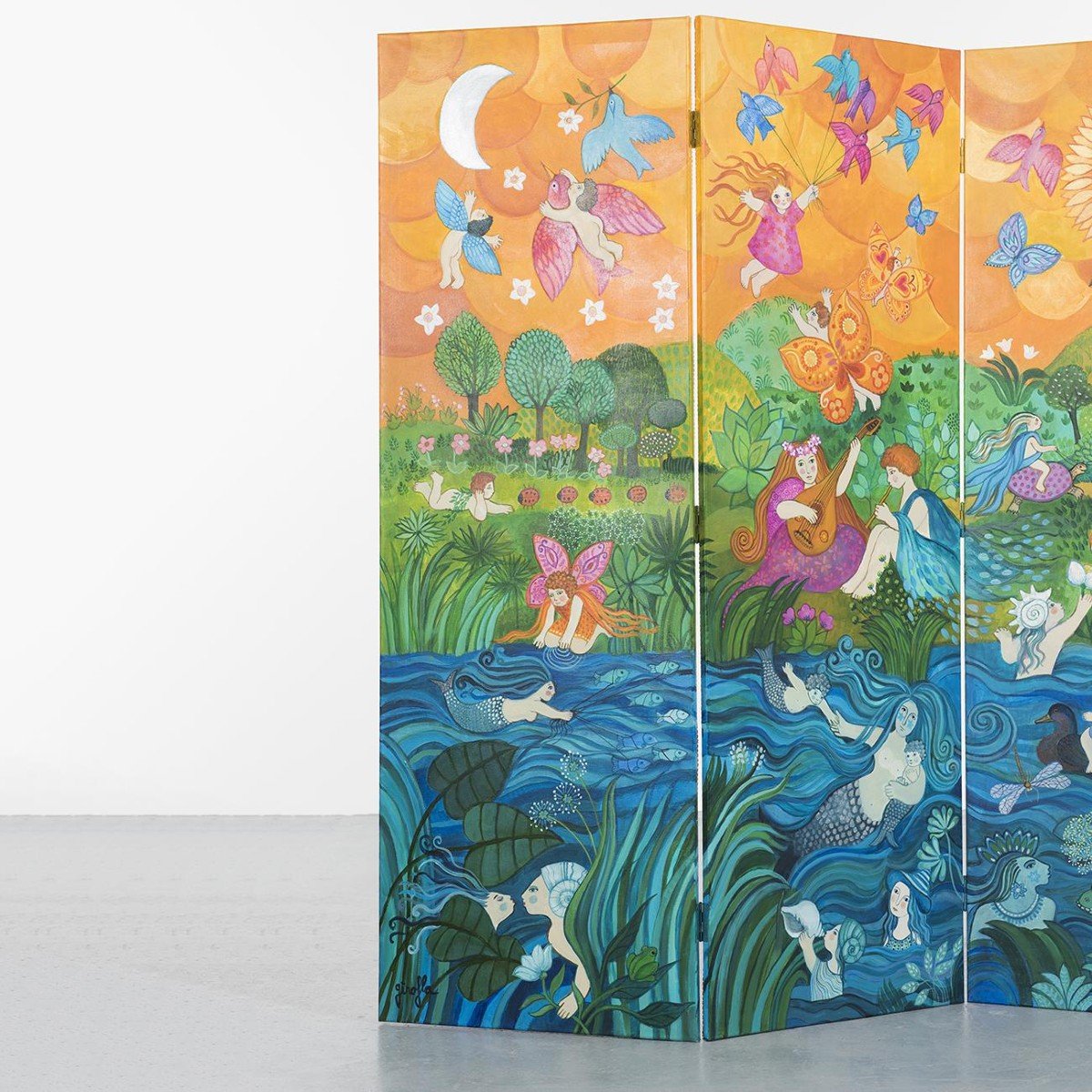 Bucolic Hand Painted Screen By Girofla, France, Circa 1990-photo-2