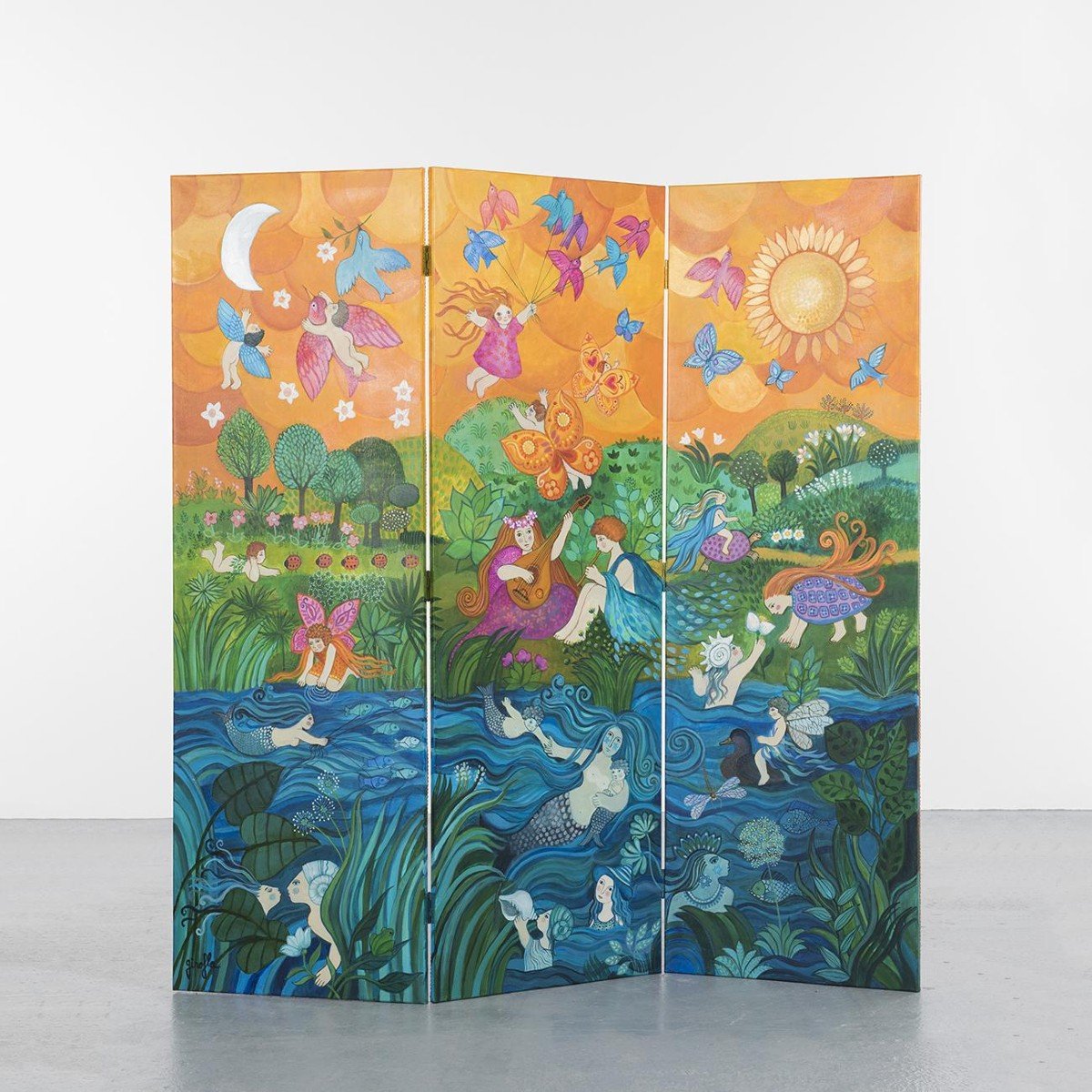 Bucolic Hand Painted Screen By Girofla, France, Circa 1990